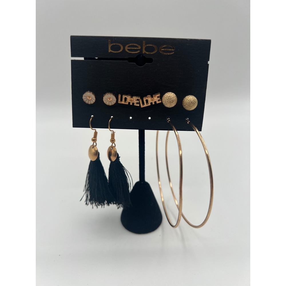 Bebe Earring Set 5 Pairs Gold Tone Hoops Tassel Love Studs Floral Black Gold